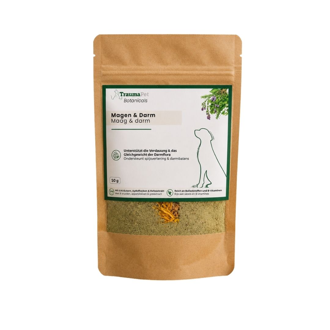 Hund und Katze mit gesunder Magen- und Darmfunktion dank TraumaPet Botanicals Magen & Darm