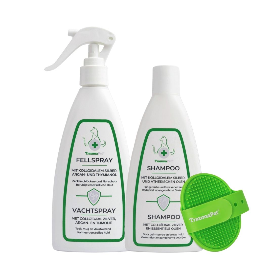 TraumaPet Fellpflege-Set für Hund und Katze: komplettes Set mit Shampoo, Fellspray und Massagebürste für ein sauberes, gesundes und glänzendes Fell.
